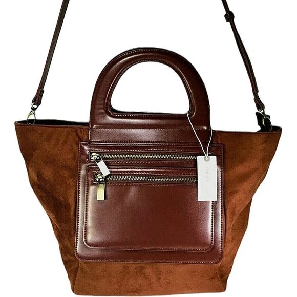 Anthroplogie Brown Faux Suede Leather Crossbody Tote Satche - Picture 2 of 10